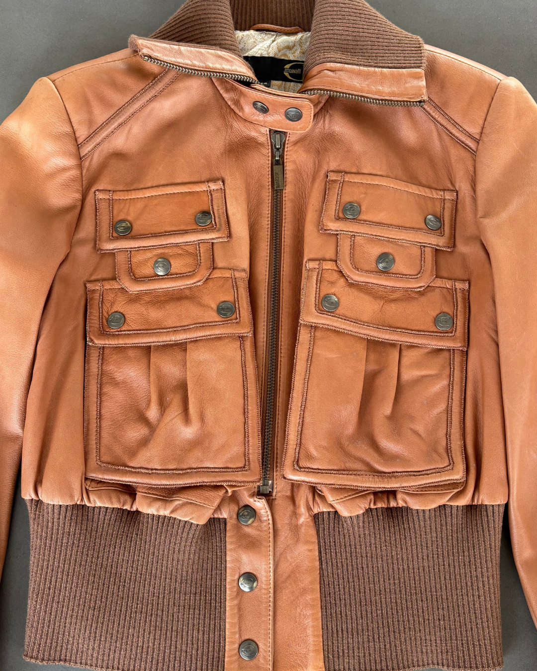Just Cavalli Brown Leather Bomber Jacket