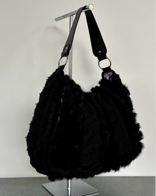 Black Wool Bag With Real Fur