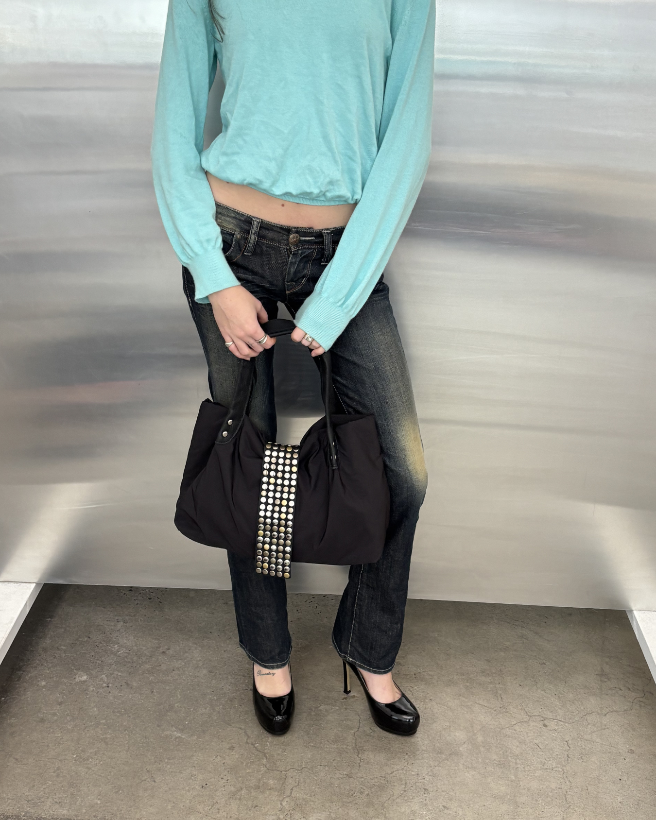 TRES Studded Black Puffer Bag
