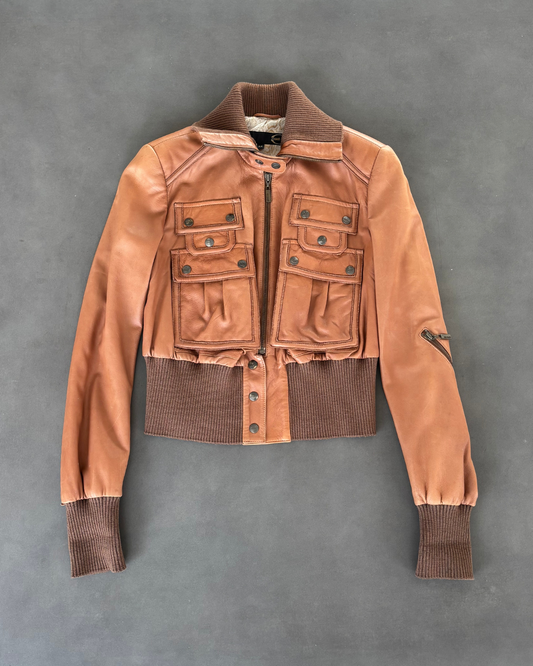 Just Cavalli Brown Leather Bomber Jacket