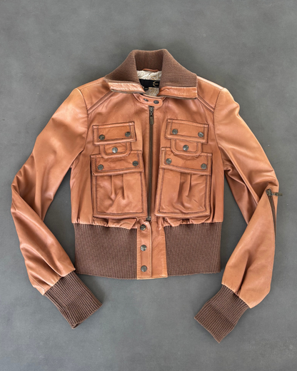 Just Cavalli Brown Leather Bomber Jacket