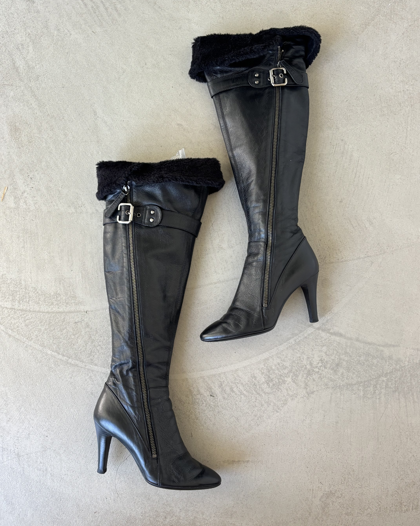 Black Leather Zip Up Fold Over Boots