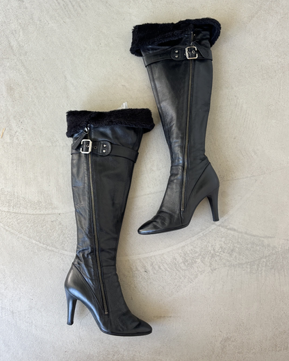 Black Leather Zip Up Fold Over Boots