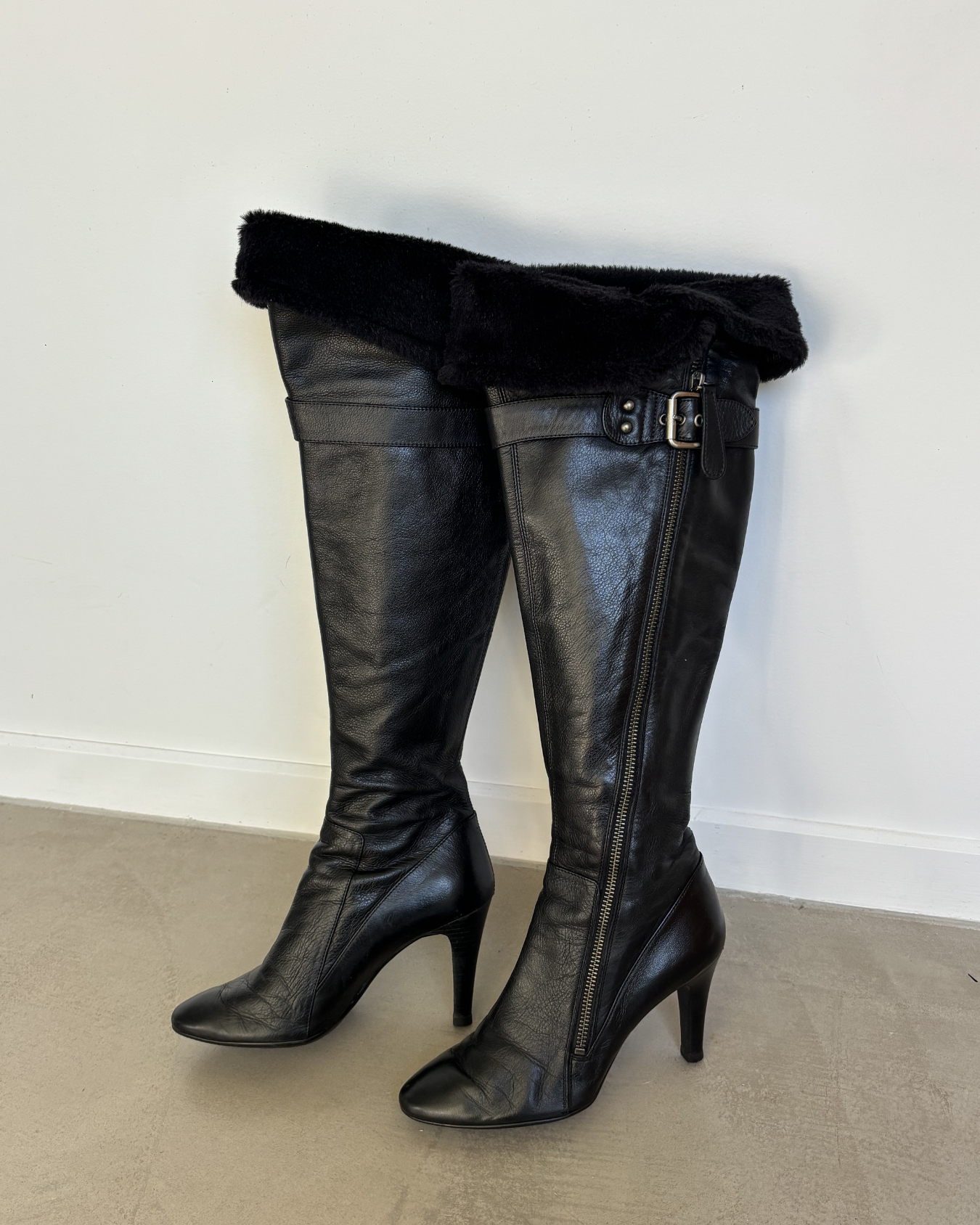 Black Leather Zip Up Fold Over Boots