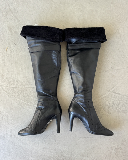 Black Leather Zip Up Fold Over Boots