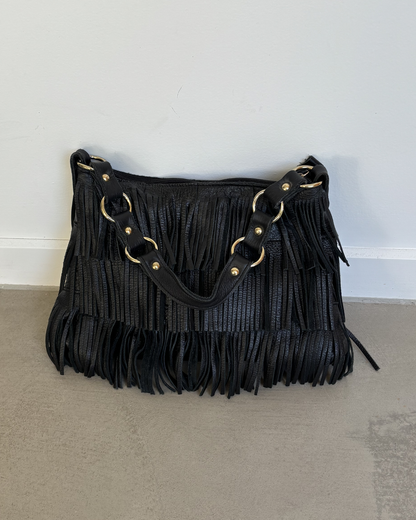 Black Leather Fringe Handbag