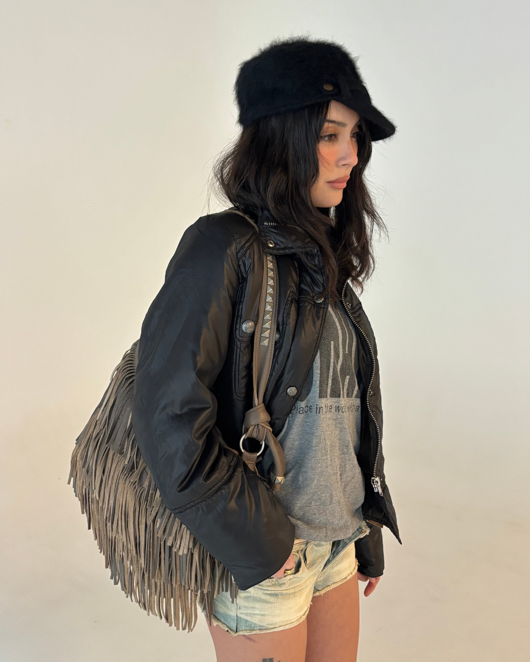 Brown Fringe Bag With Studs