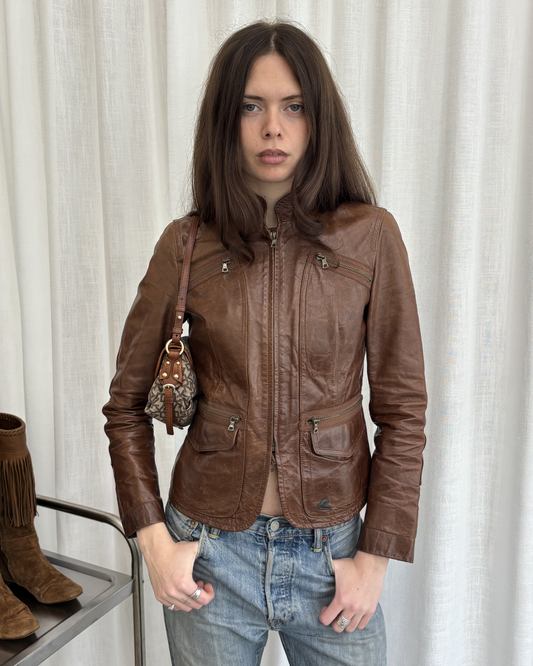 DKNY Brown Leather Biker Jacket