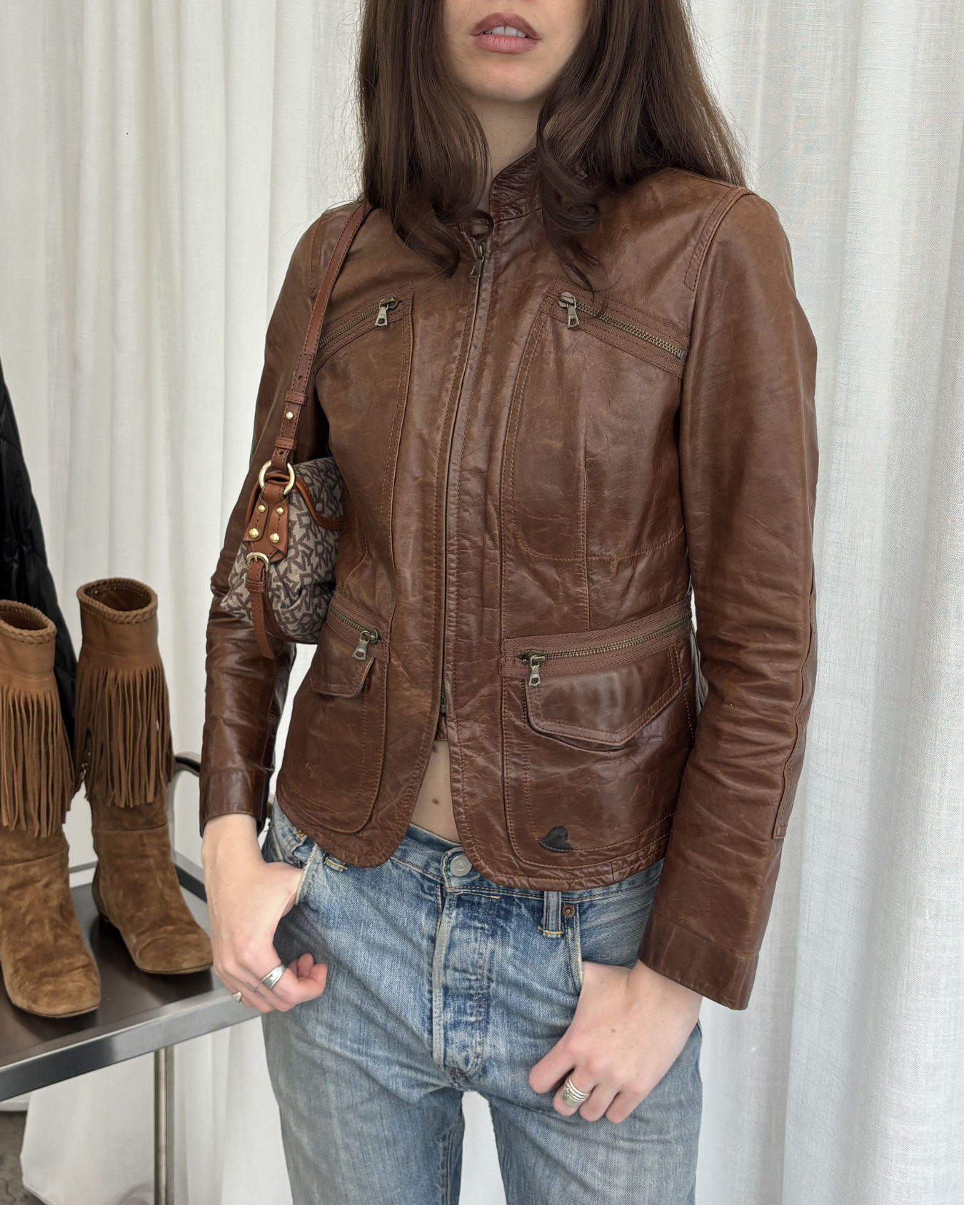 DKNY Brown Leather Biker Jacket