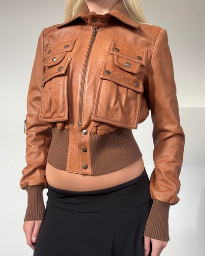 Just Cavalli Brown Leather Bomber Jacket