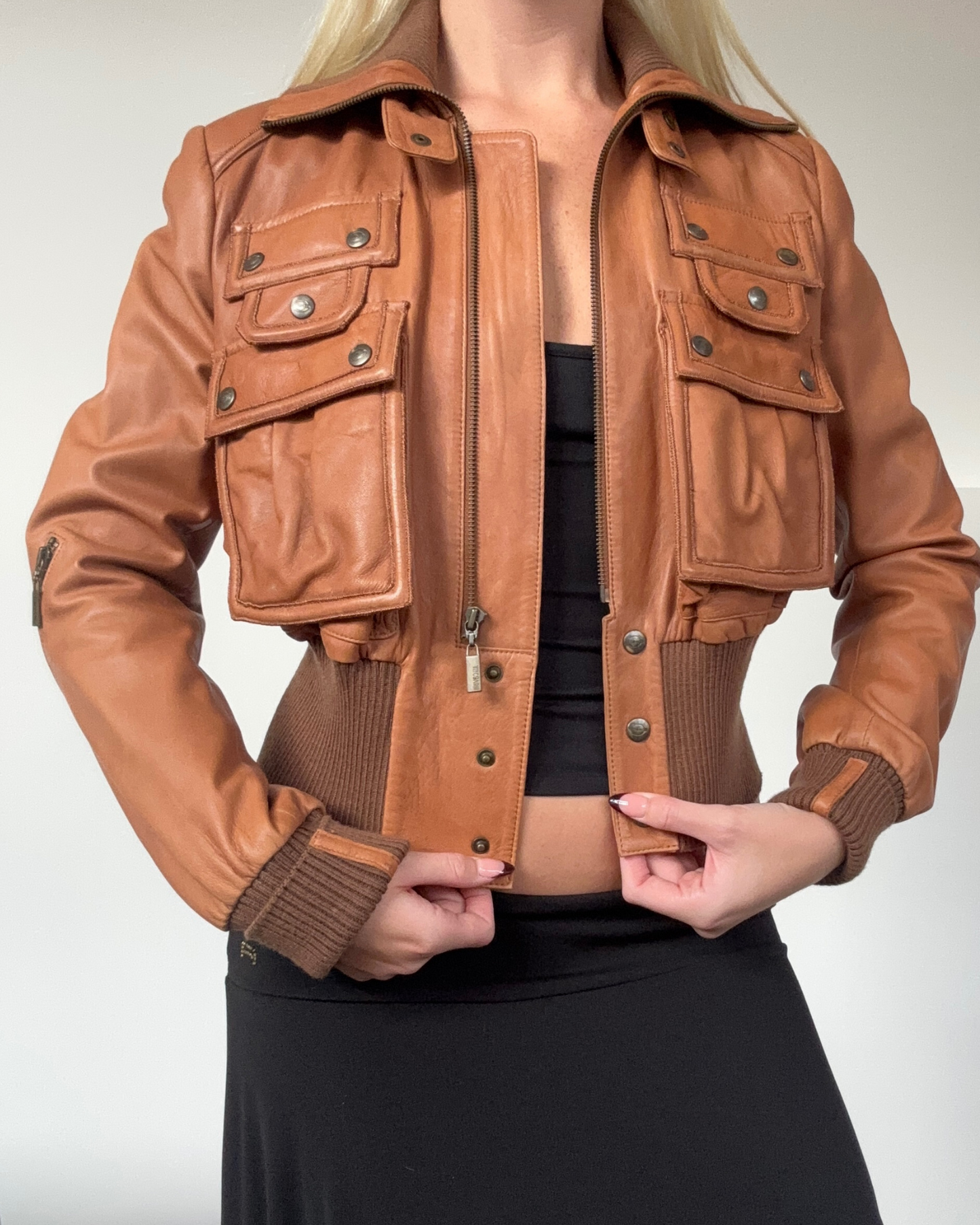 Just Cavalli Brown Leather Bomber Jacket