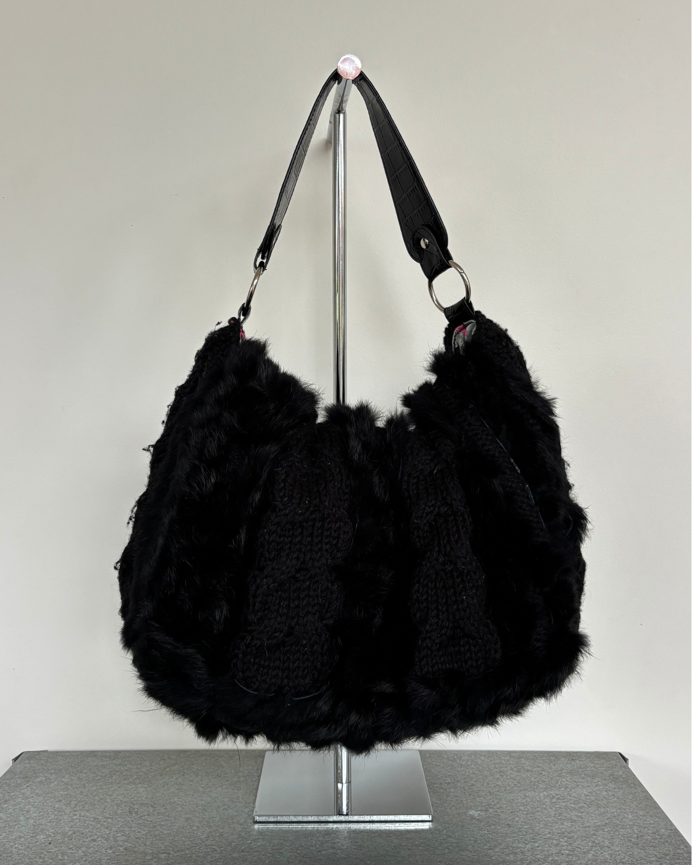 Black Wool Bag With Real Fur