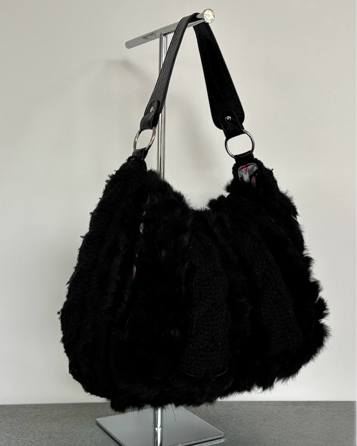 Black Wool Bag With Real Fur
