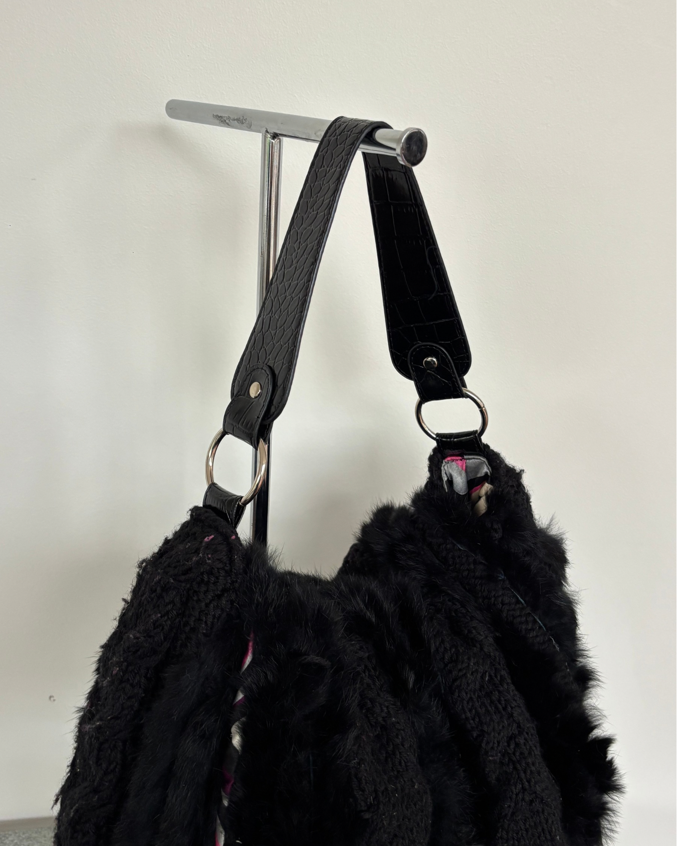 Black Wool Bag With Real Fur